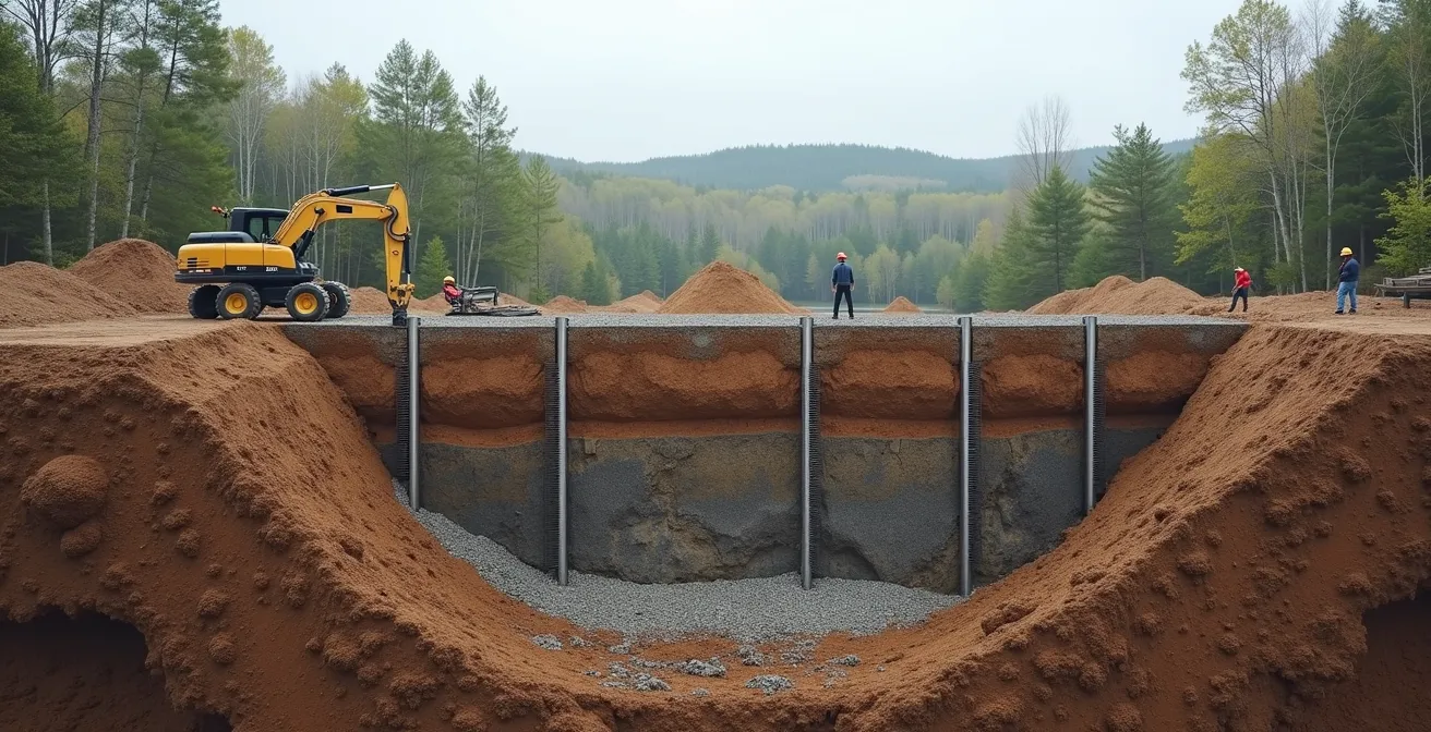 Coupe transversale montrant pieux vissés ancrés sous la ligne de gel dans sol québécois