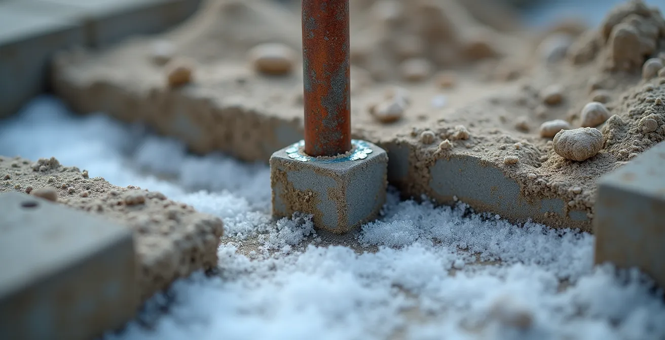 Vue technique détaillée de la jonction entre une fondation existante et une nouvelle fondation avec barres d'armature