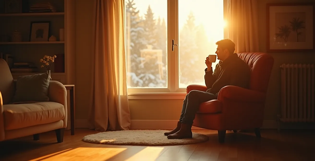 Rayons de soleil hivernal traversant une fenêtre orientée sud dans une maison québécoise