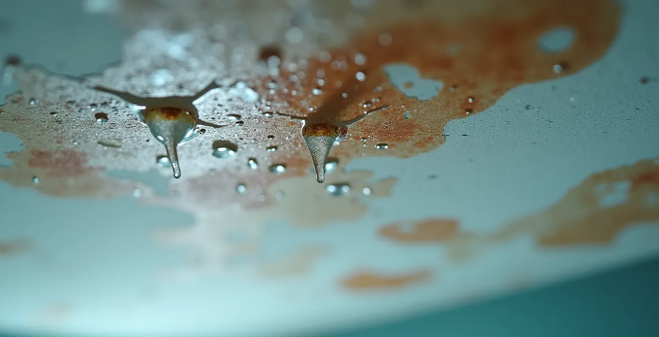 Détail macro de gouttes d'eau perlant sur un plafond intérieur avec traces d'humidité