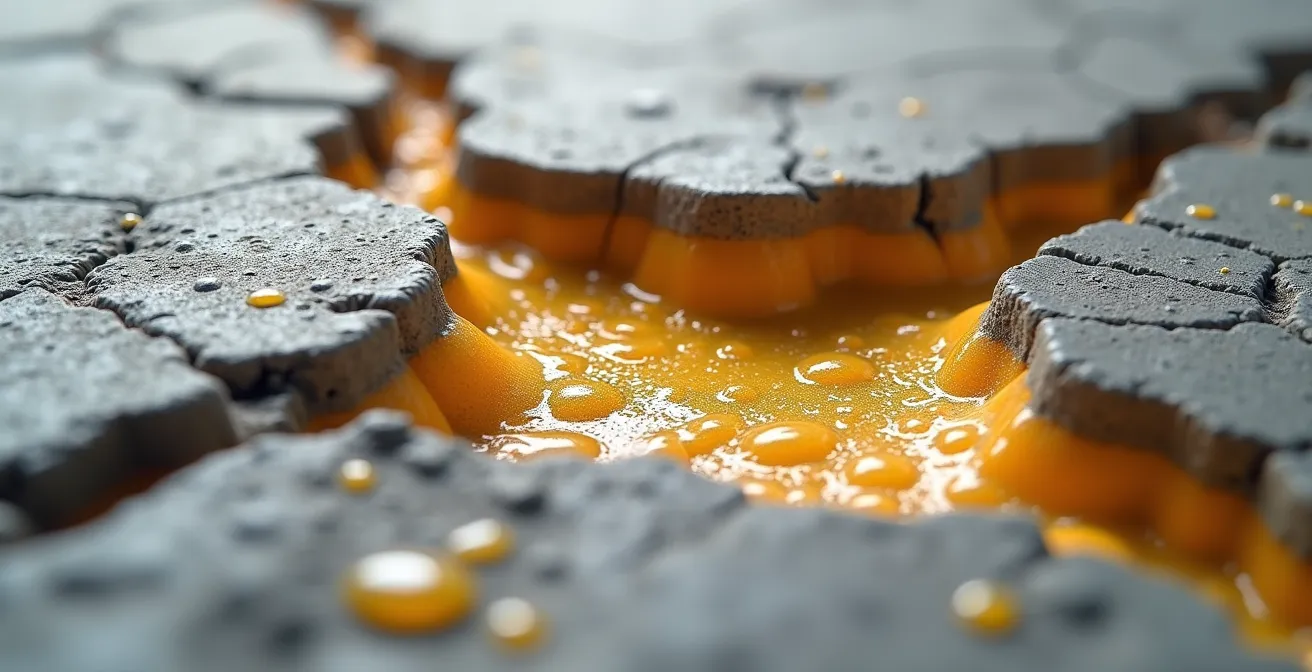Vue macro d'une injection de polyuréthane dans une fissure de béton avec expansion de la mousse