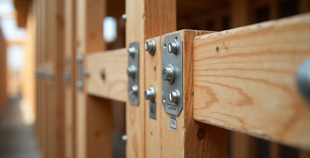 Inspection détaillée du contreventement d'une charpente en bois avec focus sur les panneaux OSB et les fixations