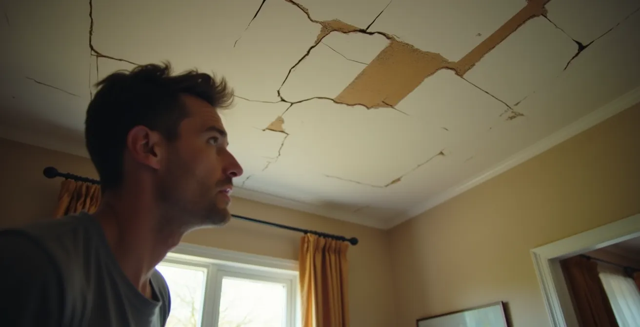 Vue intérieure montrant des fissures au plafond et un propriétaire inquiet observant les dommages structurels