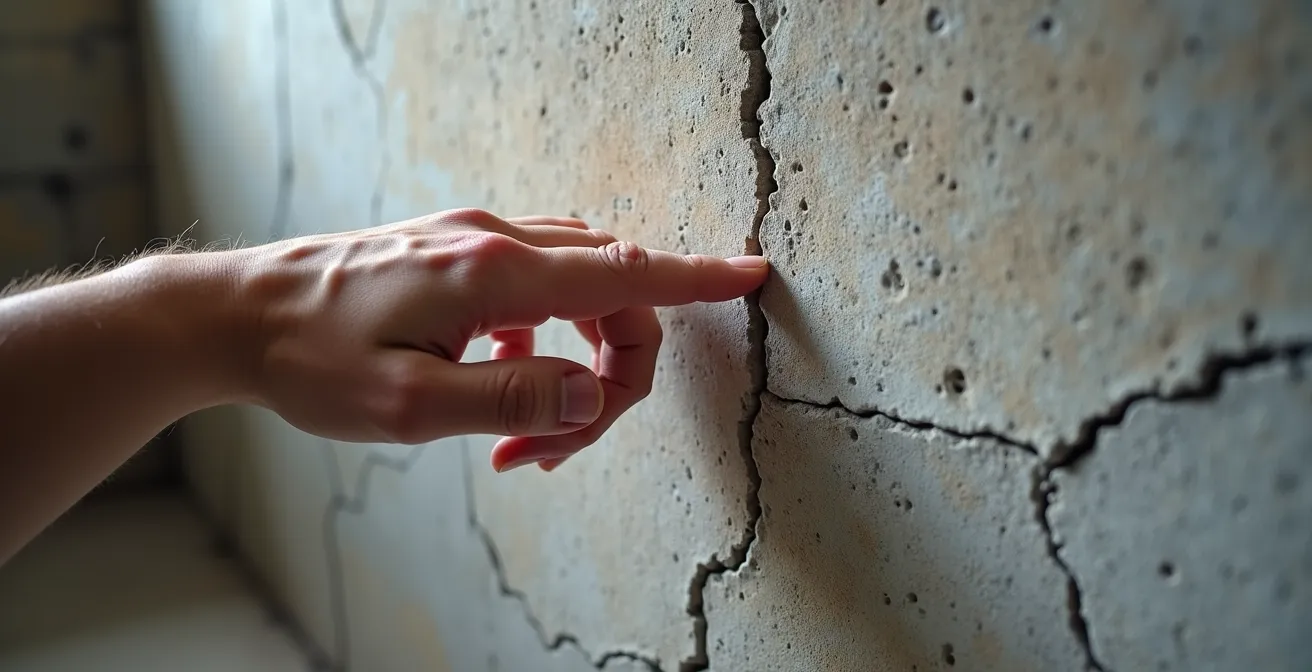 Mur de fondation en béton montrant différents types de fissures et signes d'usure typiques