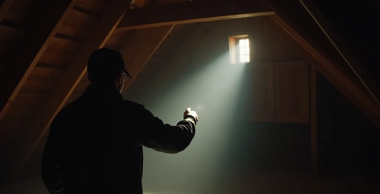 Inspection visuelle d'un entretoit avec lumière naturelle révélant la structure en bois