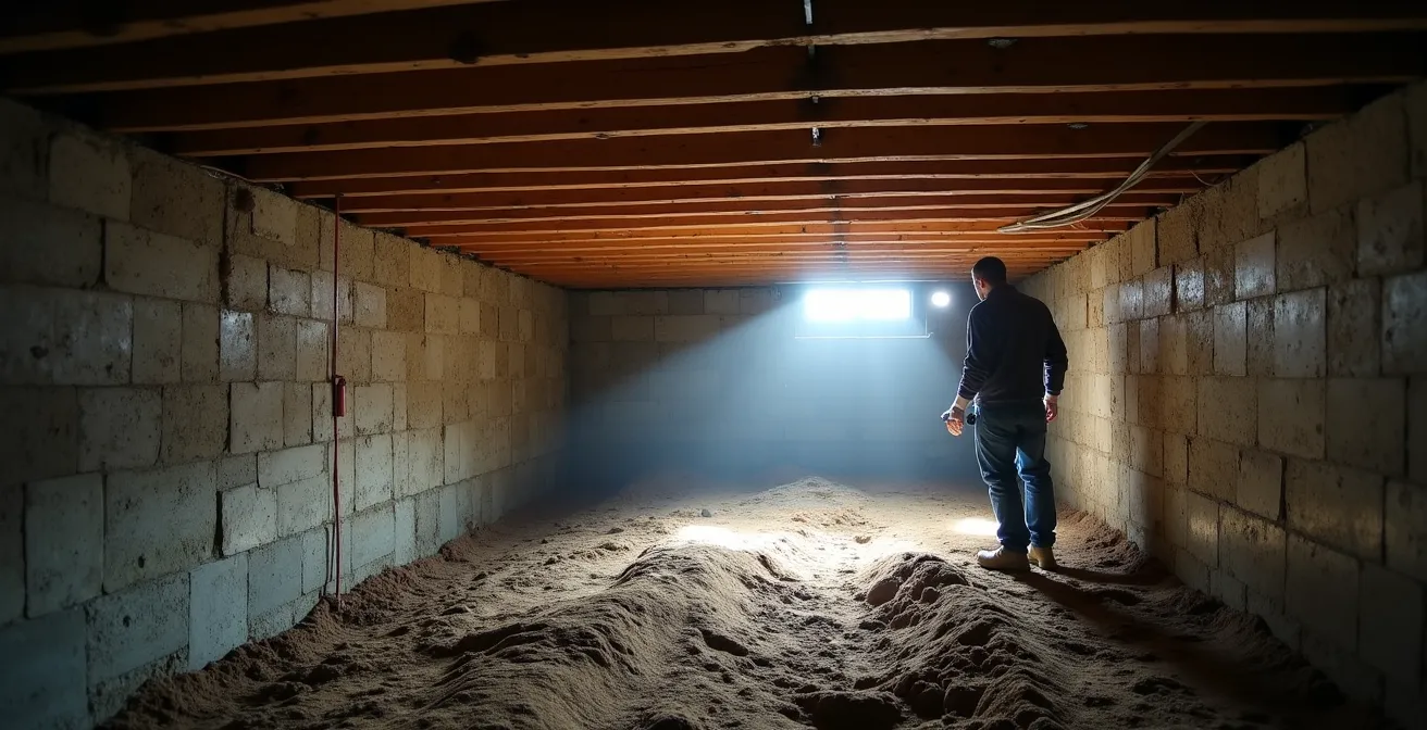 Inspection professionnelle d'un vide sanitaire montrant les zones critiques à vérifier