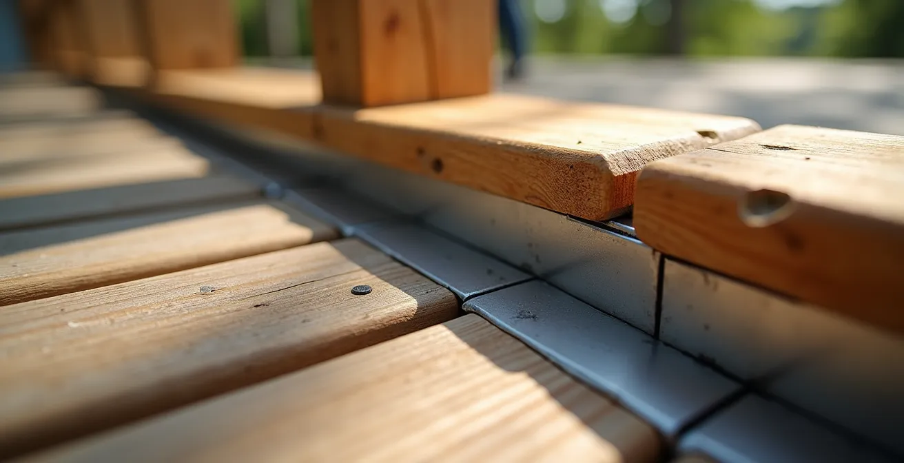 Vue détaillée d'une installation correcte de patio avec solin métallique au Québec