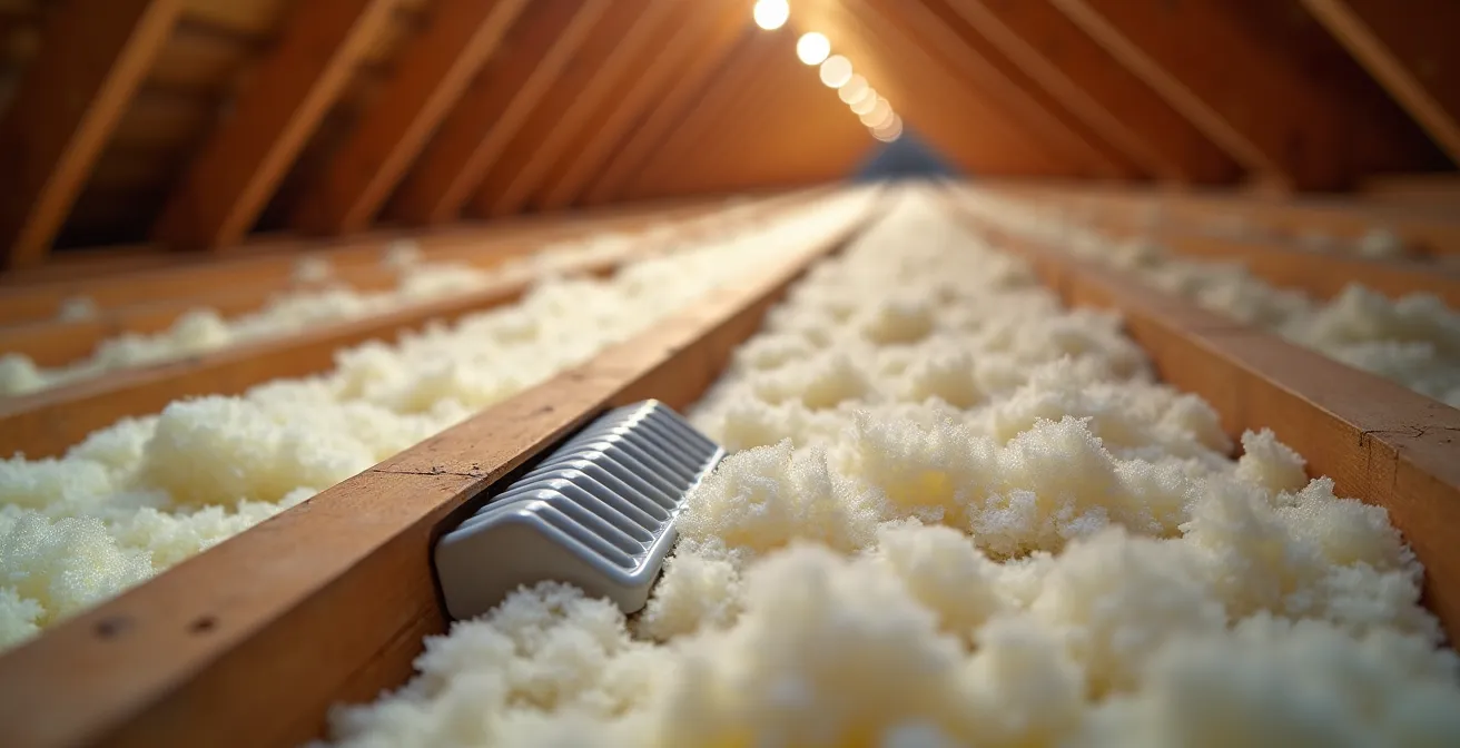 Vue détaillée de l'installation de déflecteurs dans un entretoit avec cellulose soufflée et ventilation des soffites
