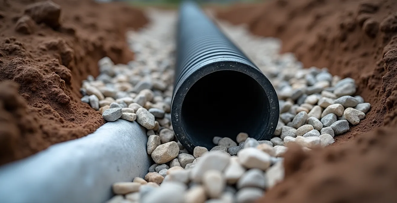 Vue en coupe d'un drain français avec membrane géotextile et pierre concassée autour des fondations