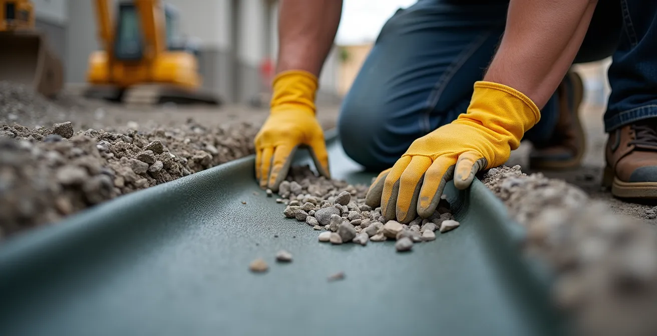 Coupe transversale d'une installation de drain français avec membrane géotextile et pierre concassée