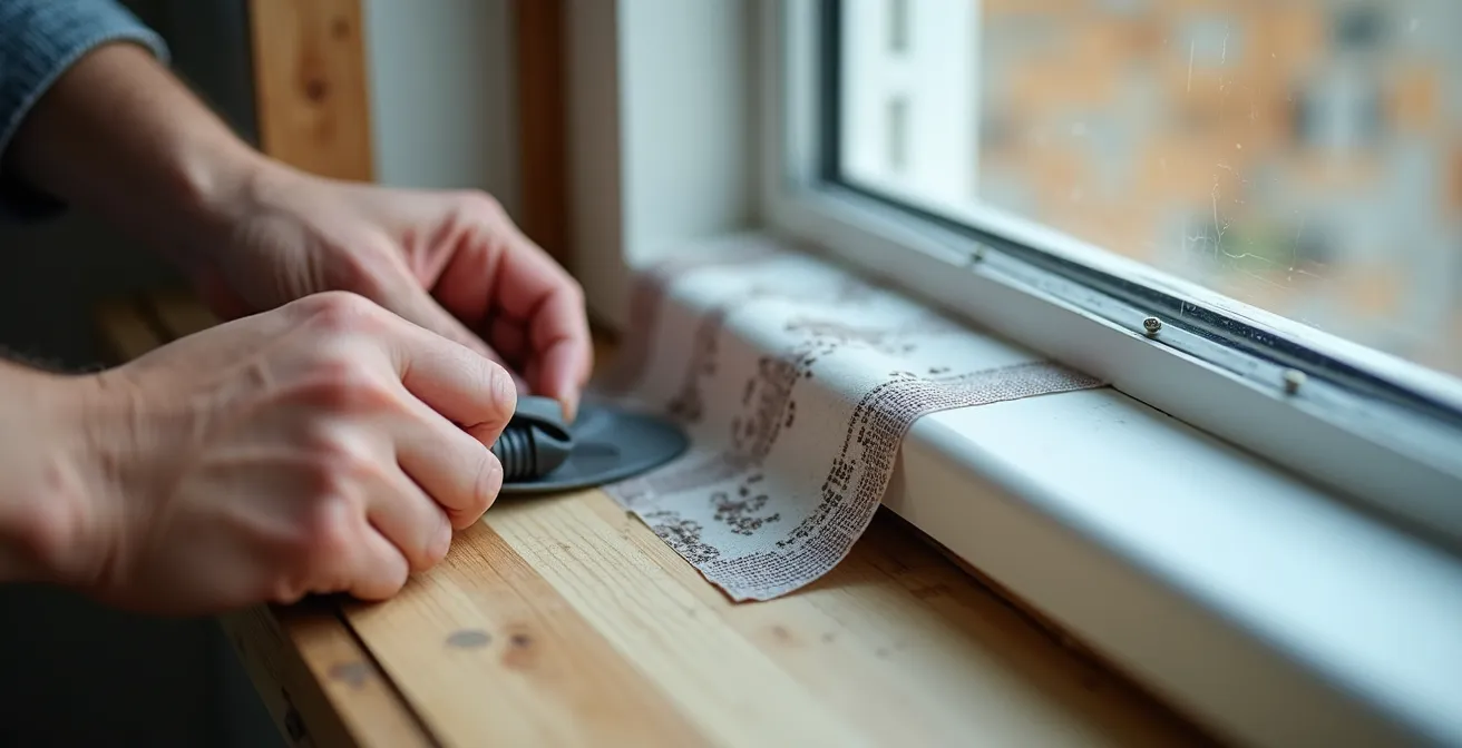 Gros plan sur l'installation d'une fenêtre en insert avec membrane d'étanchéité et ruban adhésif spécialisé