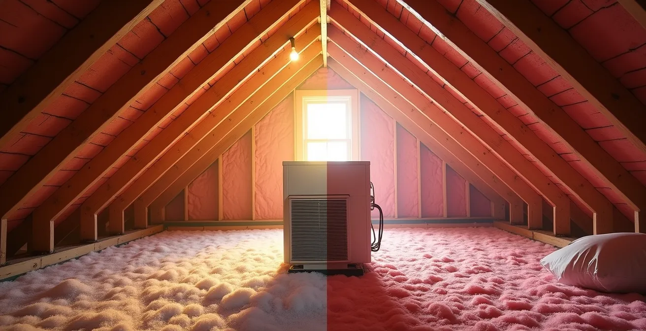 Vue en coupe d'une maison québécoise montrant l'isolation de l'entretoit et le système de thermopompe, illustrant la stratégie d'économie double