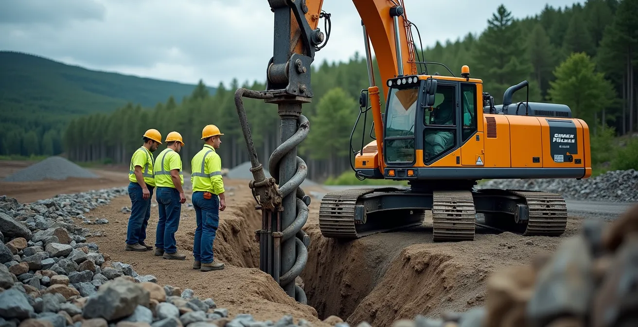 Installation de pieux vissés sur un terrain rocheux québécois avec machinerie spécialisée