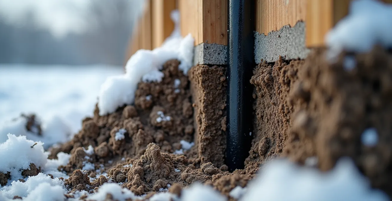 Coupe transversale montrant l'installation d'un poteau de clôture sous la ligne de gel avec Sonotube et drainage