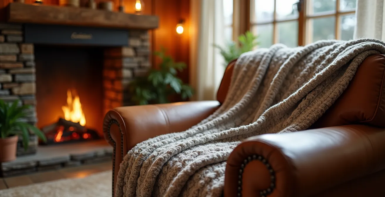 Intérieur chaleureux québécois avec éclairage doux et textures naturelles