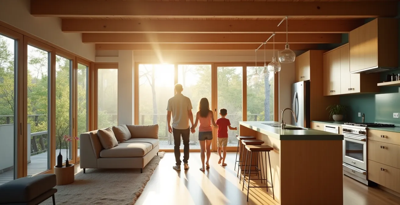 Intérieur lumineux d'une maison LEED avec matériaux québécois locaux et ventilation naturelle