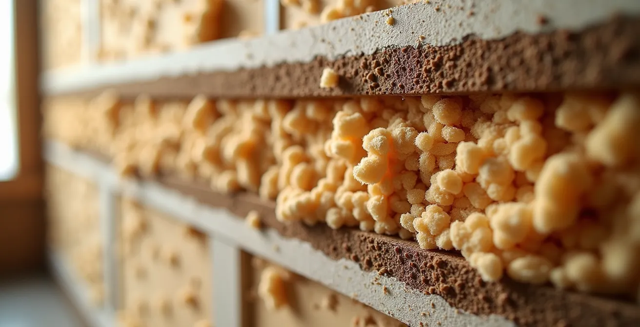 Vue en coupe d'un mur super-isolé avec différentes couches de matériaux écologiques