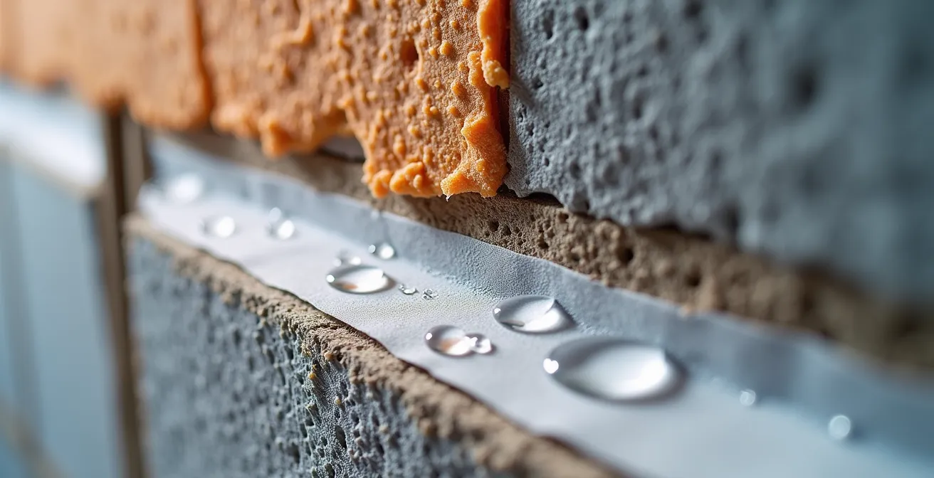 Coupe technique d'un mur de fondation québécois montrant la bonne méthode d'isolation contre l'humidité