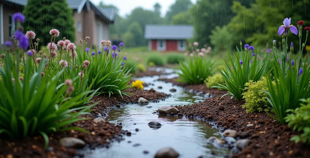 Jardin de pluie avec plantes indigènes du Québec en milieu résidentiel