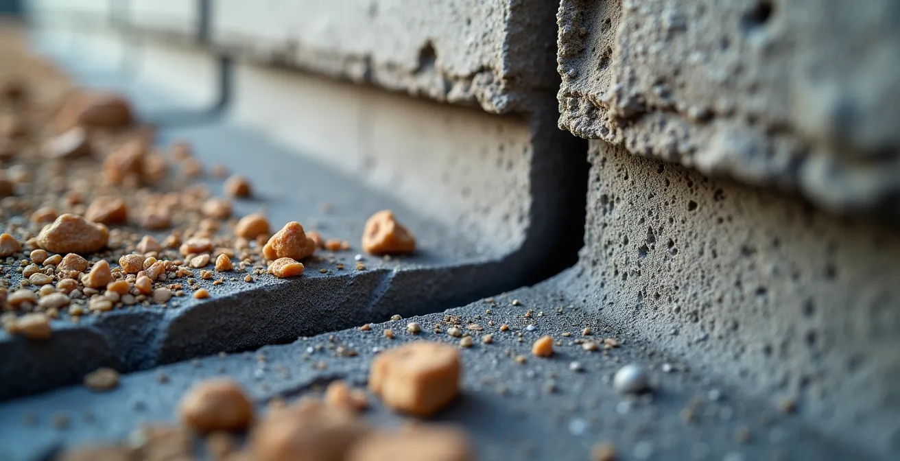Vue en coupe détaillée montrant la jonction entre une fondation existante et une nouvelle extension avec joint de contrôle visible