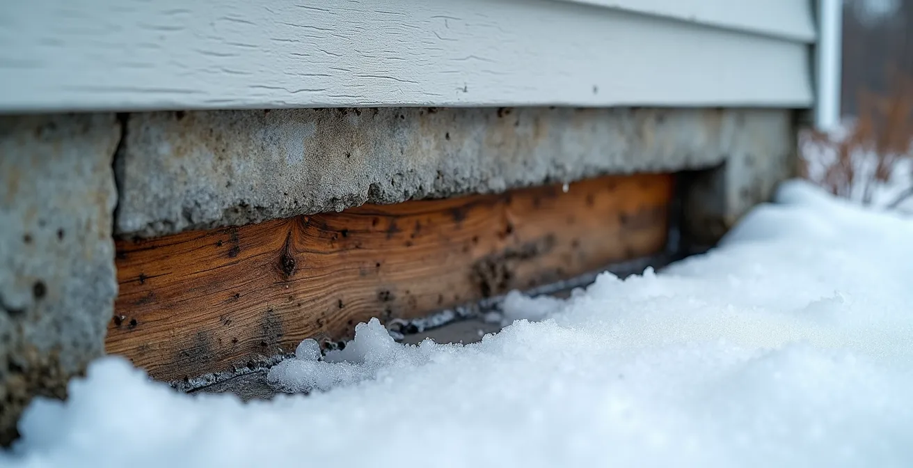 Coupe transversale montrant une lisse basse endommagée par l'humidité avec accumulation de neige fondue le long d'une fondation québécoise