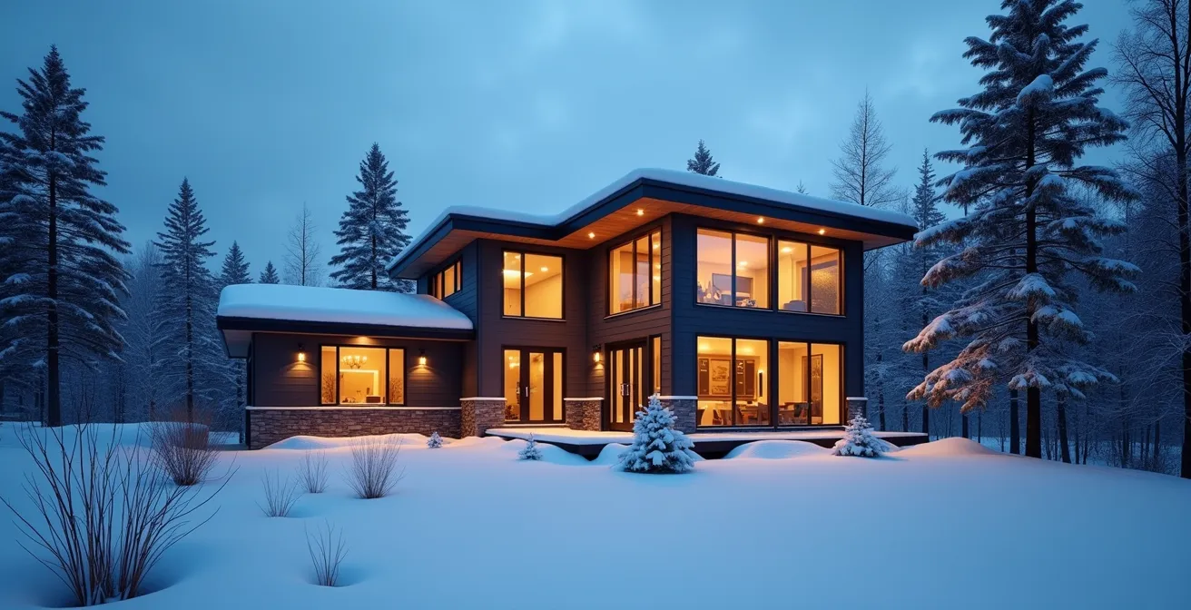Maison québécoise écoénergétique en hiver avec système de chauffage optimisé