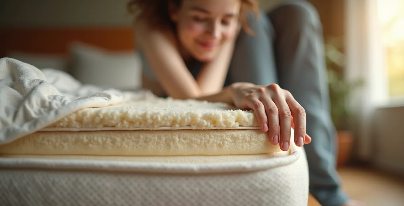 Coupe transversale d'un matelas naturel montrant les différentes couches de matériaux sains