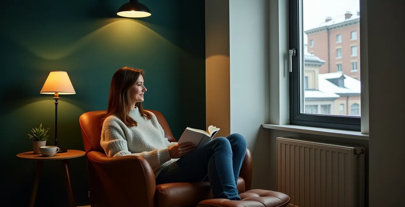 Petit espace avec mur d'accent foncé illuminé stratégiquement pour créer de la profondeur