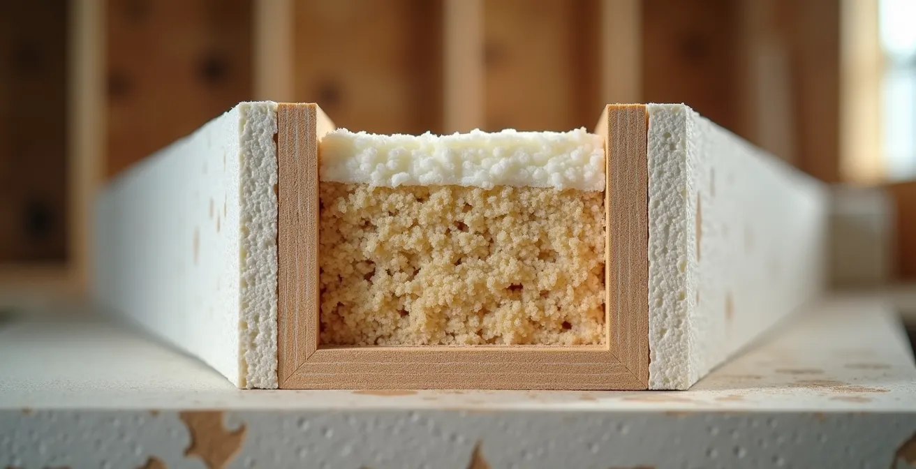 Coupe transversale d'un mur à double ossature montrant les couches d'isolation et l'élimination des ponts thermiques