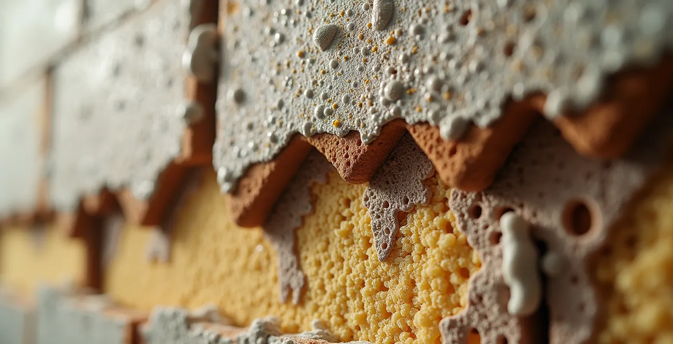 Détails de dégradation d'isolation acoustique causée par l'humidité sur un mur mitoyen