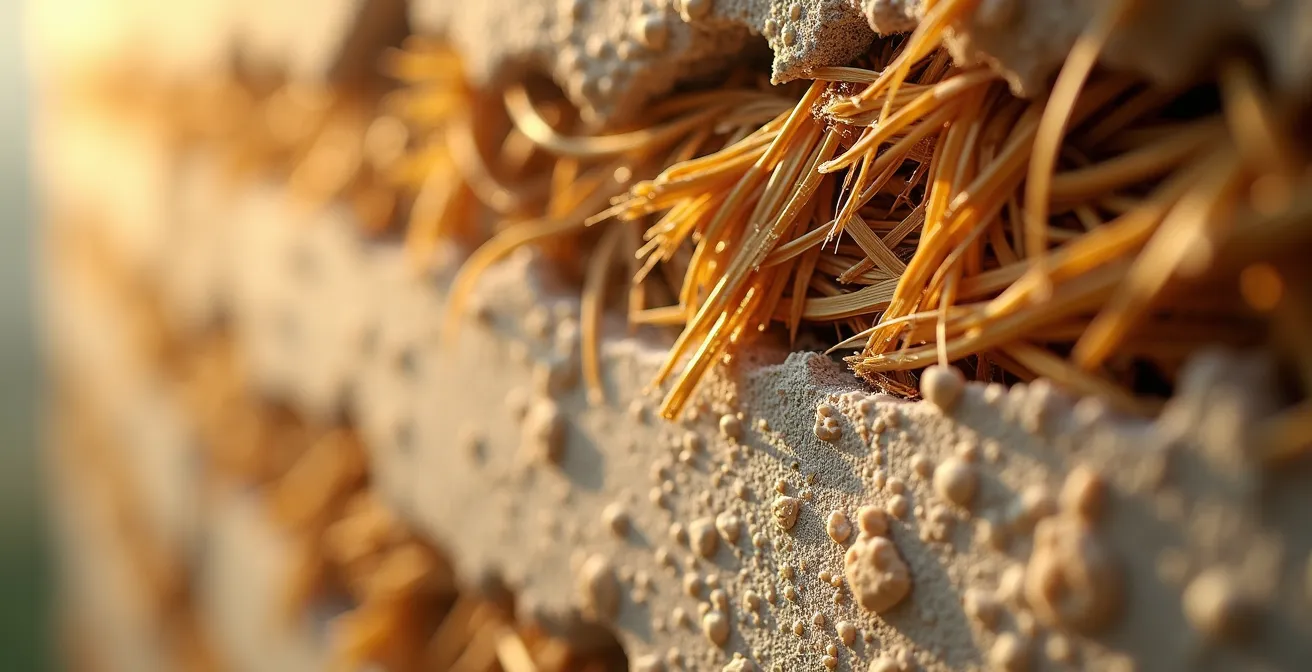 Coupe transversale d'un mur en paille montrant les différentes couches d'enduits respirants