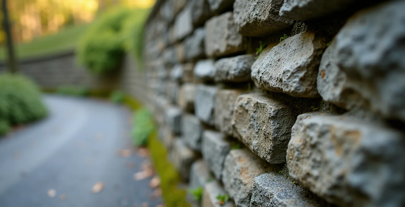 Muret de soutènement en pierres locales stabilisant une pente avec drainage intégré