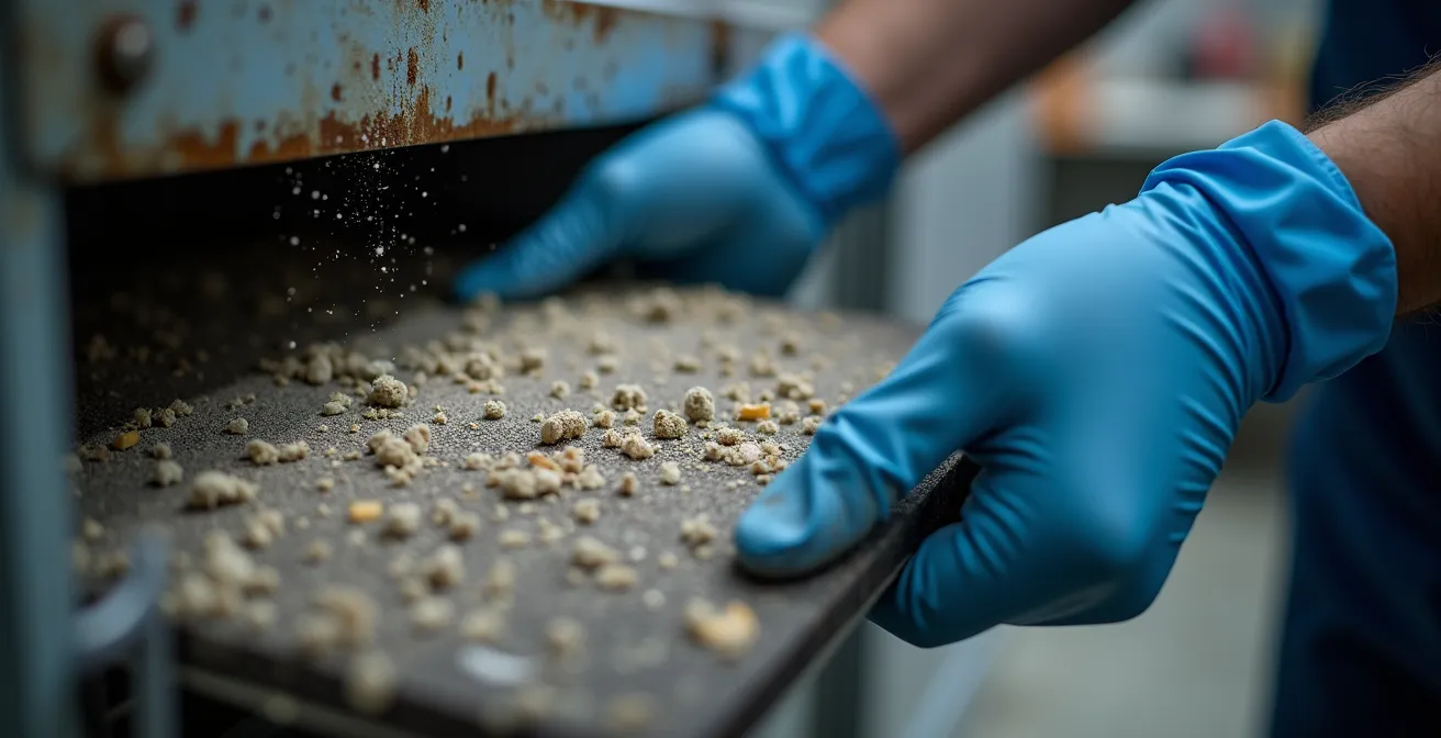 Mains avec gants de protection retirant un filtre encrassé d'un échangeur d'air