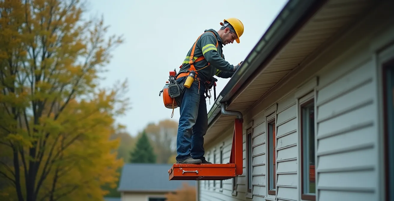Plateforme élévatrice permettant le nettoyage sécuritaire de gouttières au deuxième étage