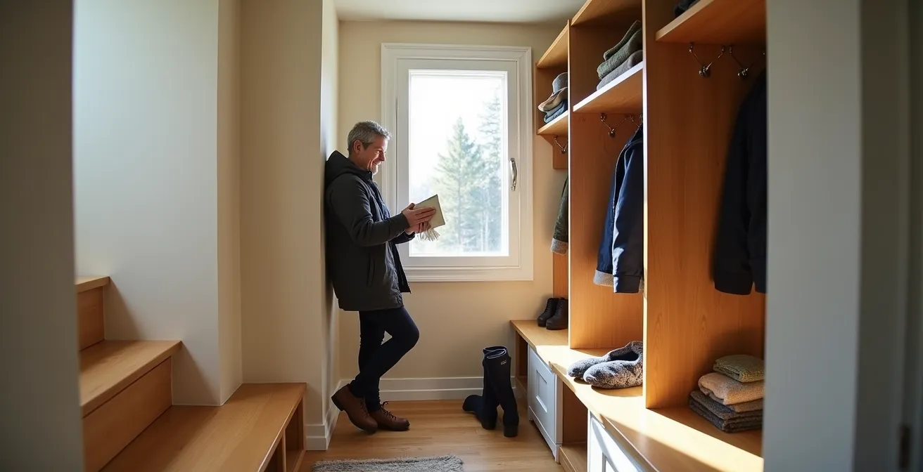 Intérieur d'une maison de ville québécoise avec solutions de rangement intégrées maximisant l'espace