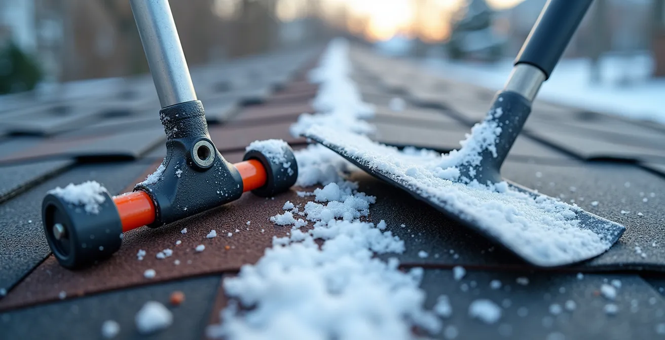 Comparaison d'outils de déneigement de toiture avec râteau à roulettes et pelle plastique sur bardeau d'asphalte
