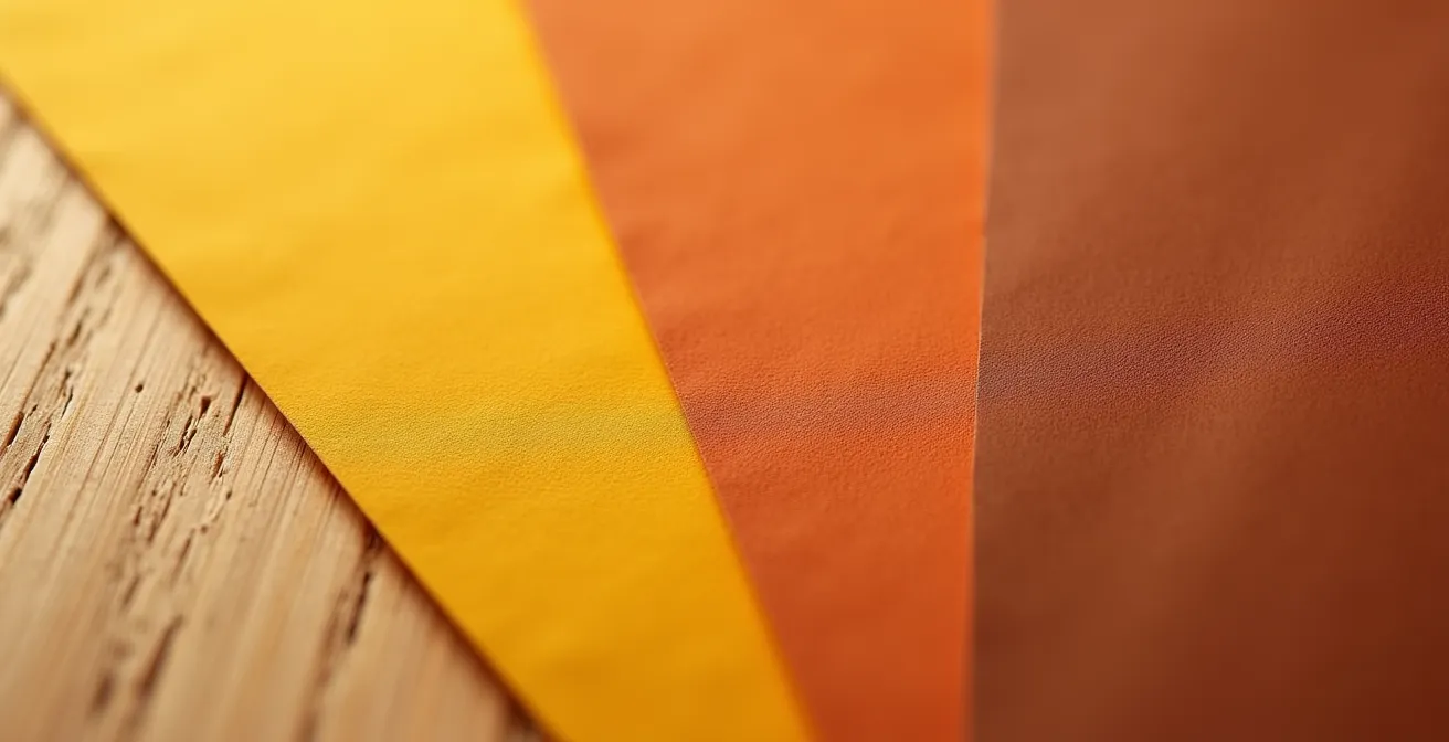 Intérieur aux tons chauds terracotta et ocre avec boiseries d'érable créant une atmosphère réconfortante