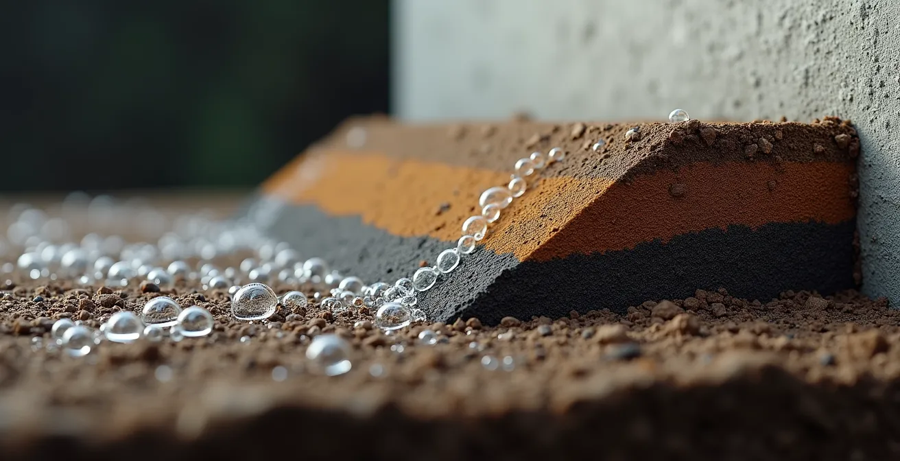 Coupe transversale montrant la pente de drainage de 2% depuis la fondation d'une maison