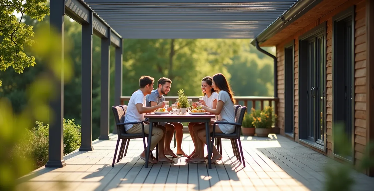 Pergola bioclimatique moderne installée sur patio en composite créant une zone d'ombre pour repas extérieur