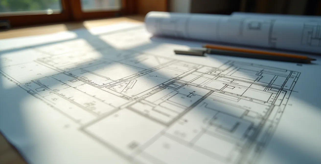 Table de travail avec plans d'architecte, règlements municipaux et certificat de localisation pour demande de permis au Québec