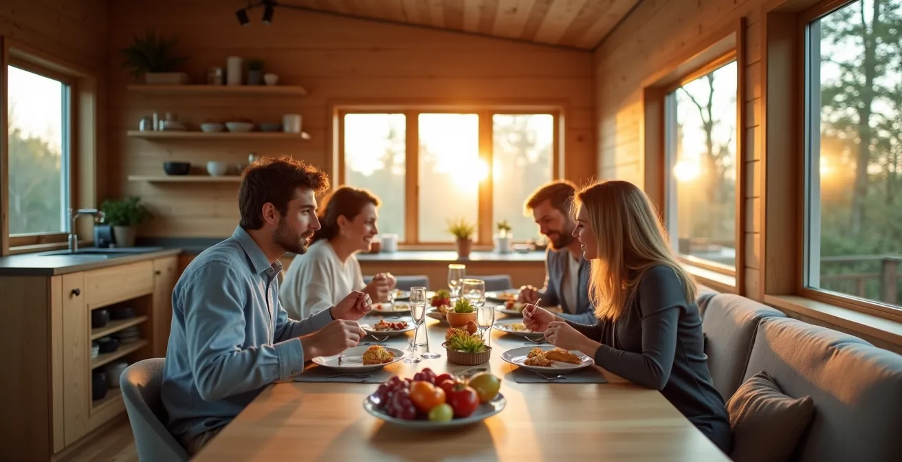 Intérieur minimaliste d'une petite maison québécoise avec mobilier intégré et espaces multifonctionnels optimisés