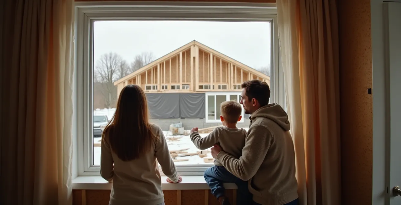 Vue latérale d'une maison québécoise montrant les phases de construction d'une extension avec protection temporaire