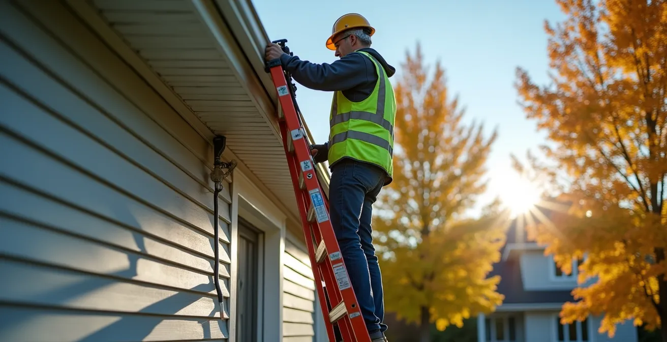 Démonstration de la position sécuritaire d'une échelle avec stabilisateur et angle correct pour nettoyer les gouttières