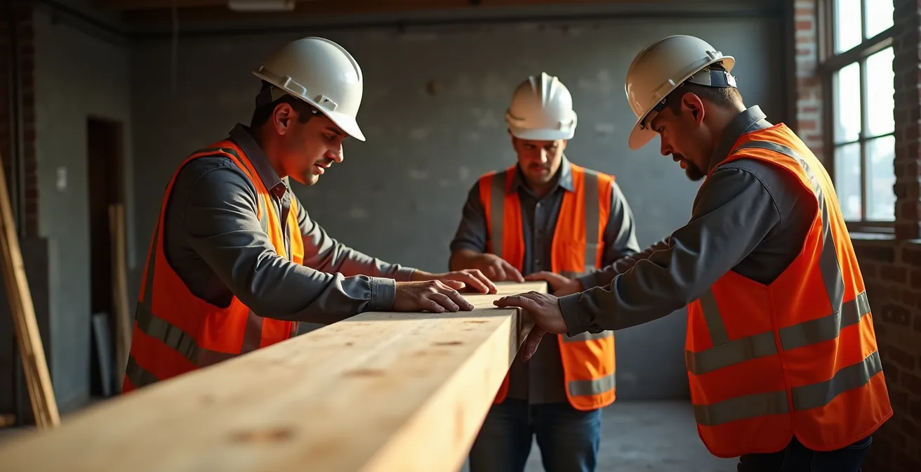 Installation d'une poutre LVL dans un plex montréalais en cours de rénovation