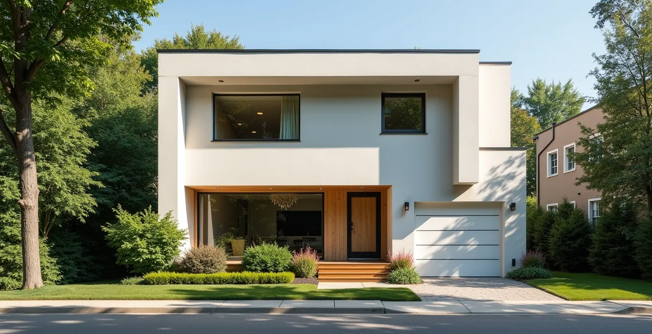 Façade sud d'une maison québécoise avec auvent optimisé bloquant le soleil d'été