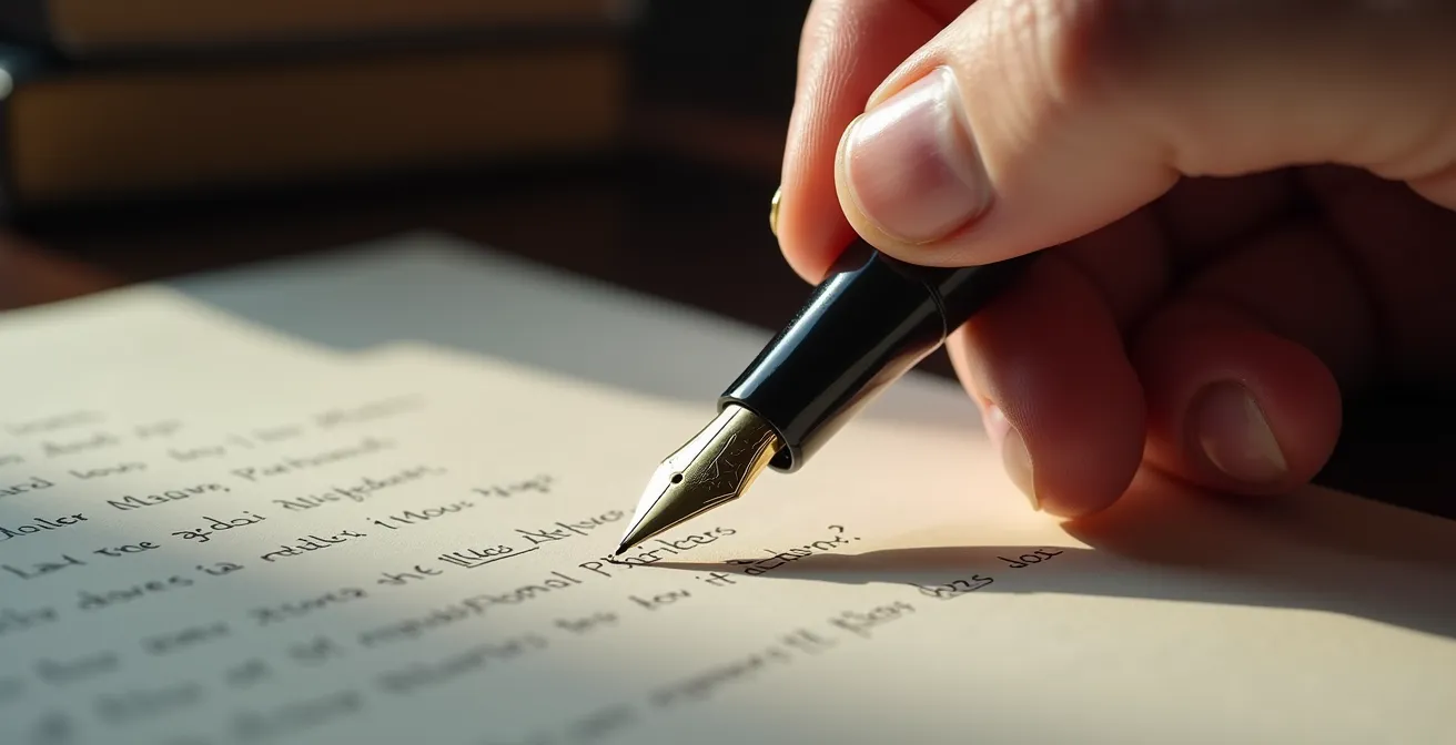 Mains écrivant un document juridique avec stylo plume sur bureau en bois