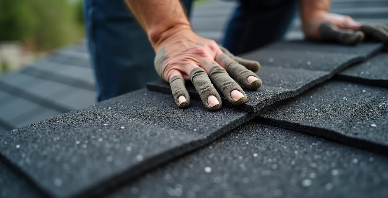 Gros plan sur les mains d'un couvreur installant un nouveau bardeau d'asphalte