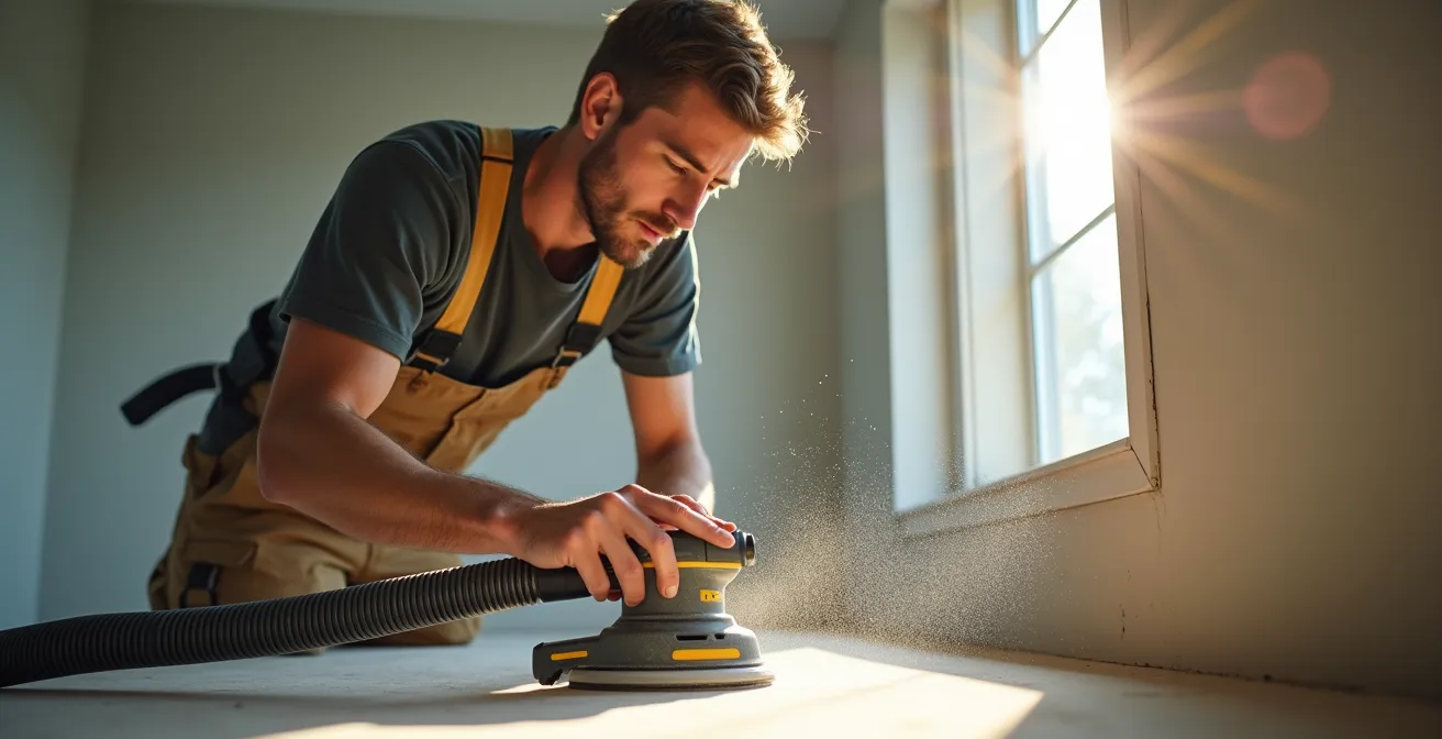 Artisan utilisant une ponceuse avec système d'aspiration intégré sur un mur de gypse dans une maison québécoise