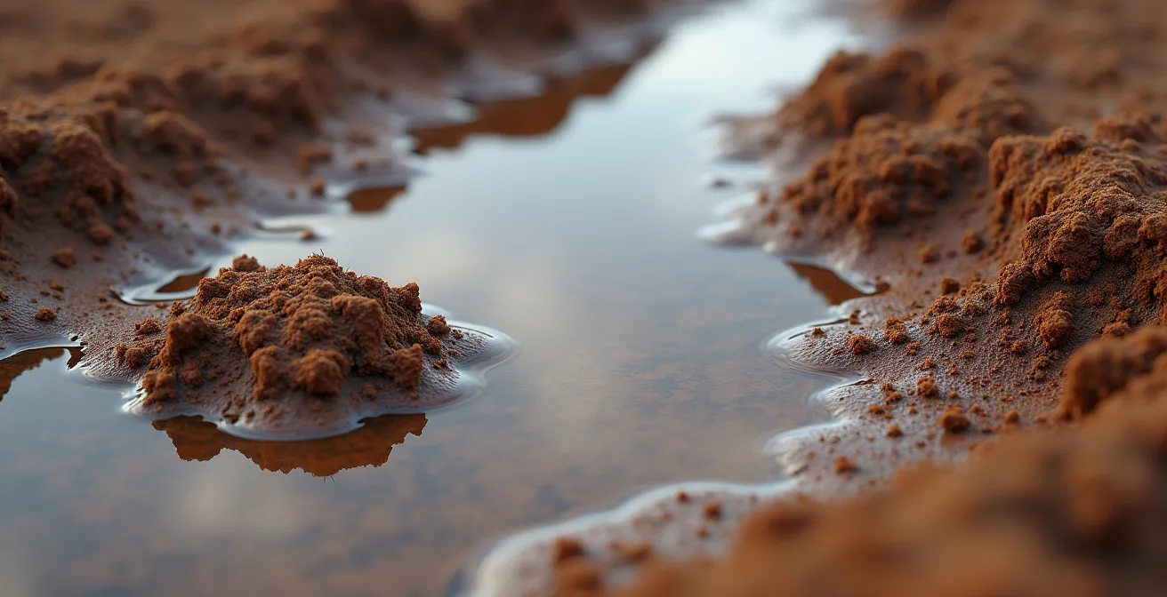 Sol argileux compacté montrant l'accumulation d'eau en surface créant un effet miroir