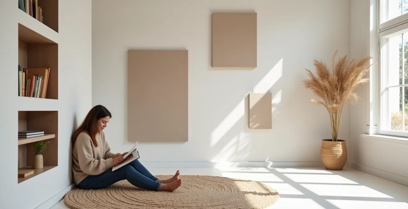 Espace épuré avec panneaux acoustiques en feutre et tapis texturé réduisant l'écho